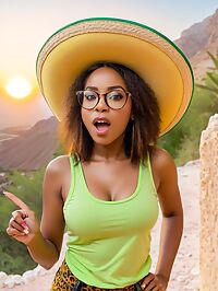 A petite 31 year old woman stands in Ein Gedi Reserve at sunset wearing glasses
