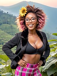 Brunette with contrasting streaks stands in twilight Rwanda