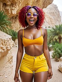 A stunning Nigerian woman poses in yellow shorts at dawn in Ein Gedi Reserve