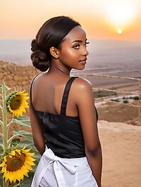 Tanzanian woman in a black apron poses at the Masada ruins under fading twilight