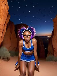 African girl wears a blue cheerleader uniform in the pre dawn Israeli desert of Red Canyon