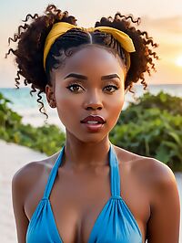 A 27 year old brunette with grey eyes strolls on Zanzibar beach at sunrise
